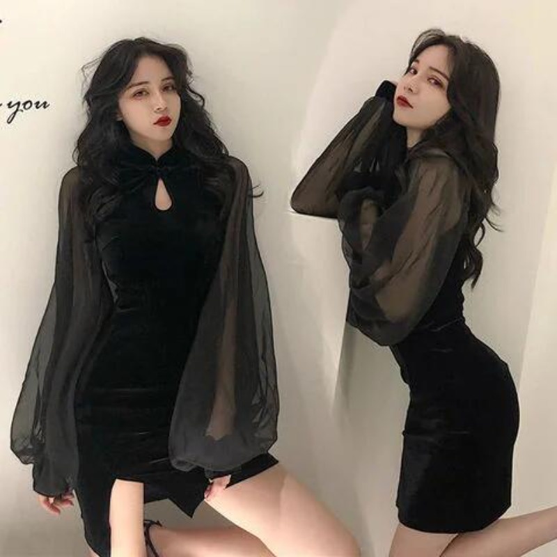 ใหม่ ชุดเดรสกระโปรง ผ้ากํามะหยี่ ผ้าชีฟอง เอวสูง เข้ารูป แฟชั่นฤดูใบไม้ร่วง ฤดูหนาว สําหรับสตรี