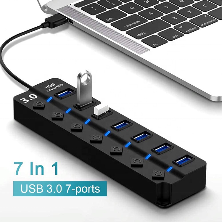 GOOJODOQ อะแดปเตอร์ฮับ USB 3.0 7 พอร์ต USB 3.0 หลายพอร์ต แบบพกพา พร้อมสวิตช์แยก LED แปลงข้อมูล 5Gbps สําหรับแล็ปท็อป PC