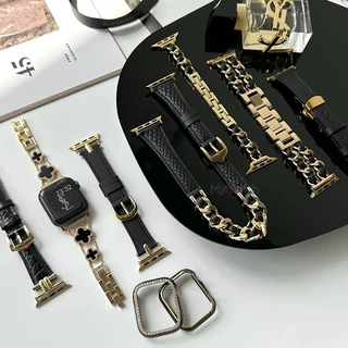 หรูหราสีดําทองชุดสายหนังแท้สําหรับ ฉันดู ชุด พิเศษ iwatch Series 11 10 9 8 7 6 5 SE 5 4 3 2 1แฟชั่นลําลองโซ่โลหะวงสําหรับ ฉันดู 44/46/42/45 มม.41 มม.40 มม.38