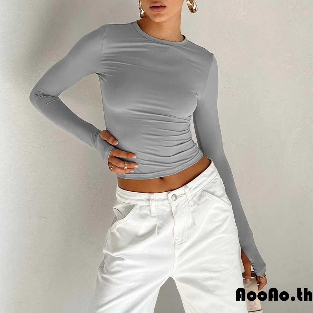 Aooao- เสื้อครอปท็อป แขนยาว คอกลม สีพื้น สําหรับผู้หญิง
