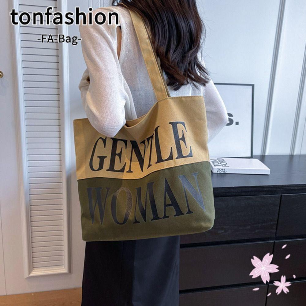 Tonfashion กระเป๋าผ้าแคนวาส กระเป๋าโท้ท ผ้าฝ้าย ความจุขนาดใหญ่ แฟชั่นผู้หญิง ใต้วงแขน