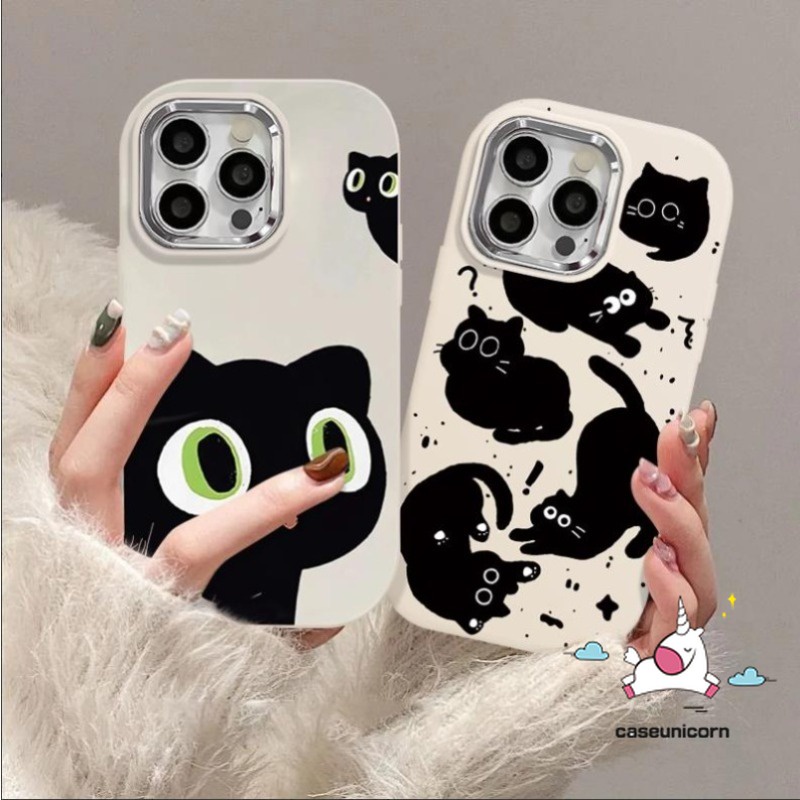 สําหรับoppo A38 A58 A17 A16 A60 A57 A18 A35 A78 A79 A15 A76 A7 A9 A5s A11 A17K A3s A5 A15s A74 A98 A55 A12 A77 A52 A53 A54 Reno 4Fน ่ ารักการ ์ ตูนน ่ ารักสีดําแมวชุบเลนส ์ โลหะ เคส