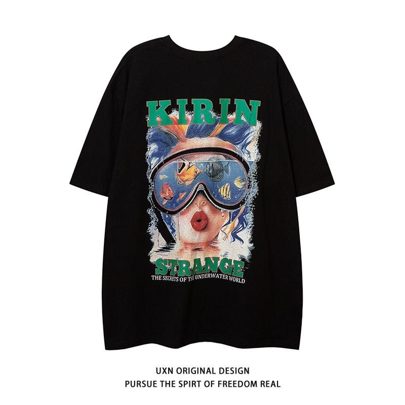 เกาหลี เสื้อแบบดารา เสื้อยืดแขนสั้น CMDX017 ผู้ชาย ผู้หญิง ลายทาง ตัวอักษร หลวม ลายสกรีน ฤดูร้อน ฤดูใบไม้ผลิ
