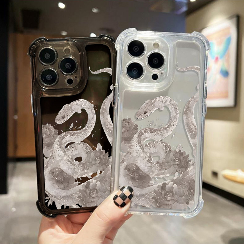 MAX เคสโทรศัพท์มือถือแบบใส กันกระแทกดอกโบตั๋นสีเทางูfor 7 Plus X/XR 11/13/12/14/15 Plus เคสโทรศัพท์