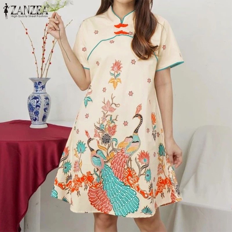 LFS-011 ZANZEA ผู้หญิงลําลองแขนสั้น Cheongsam คอปก A Line พิมพ์ชุดเสื้อยืดแขนสั้นพิมพ์ลาย
