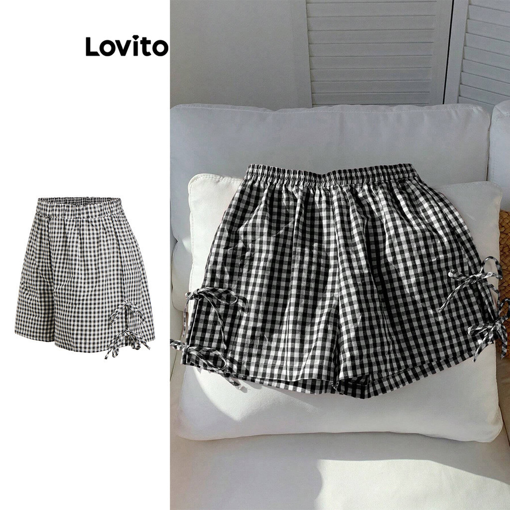 Lovito กางเกงขาสั้นลายสก็อตผูกโบว์สำหรับผู้หญิง L108ED600