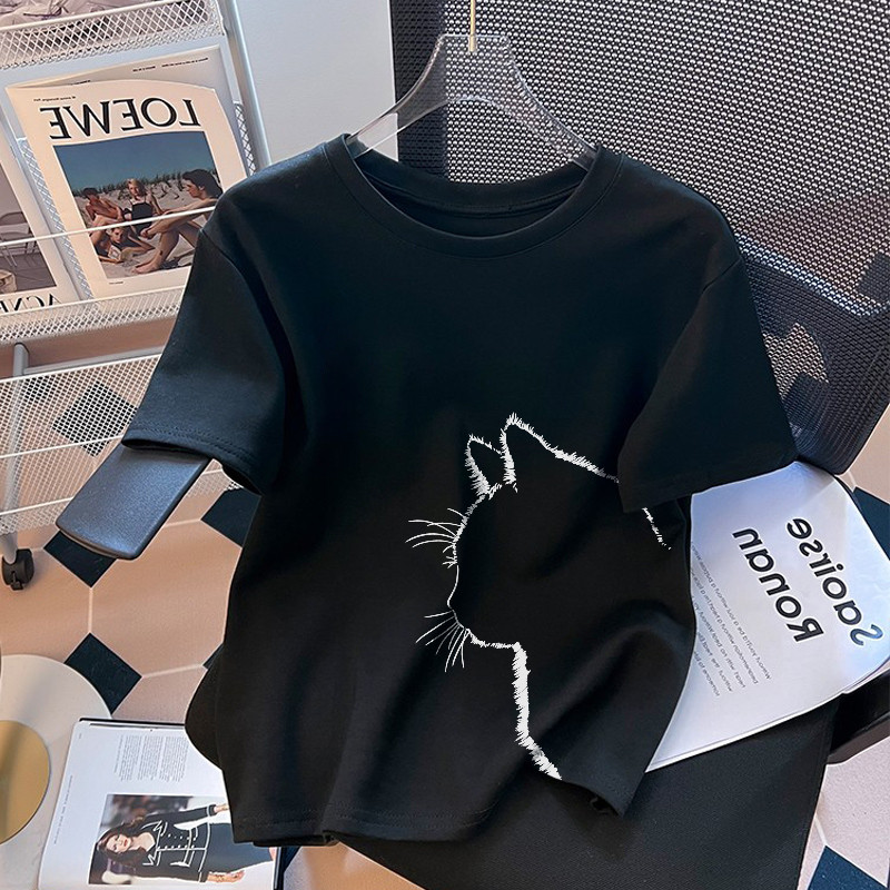 ✨ส่งจากไทย✨ เสื้อยืดแขนสั้นผู้หญิง 2025 ใหม่ขายดีลายแมวหลวมเสื้อยืดแขนสั้นบางฤดูร้อน