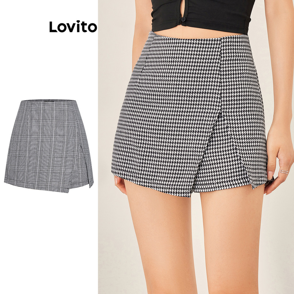 Lovito กางเกงคูลอตลำลอง เอวสูง มีซิป ผ่าด้านหน้า ลายสก๊อต สำหรับผู้หญิง L53AD076 (ฮาวด์สทูธ/ลายสก็อต)