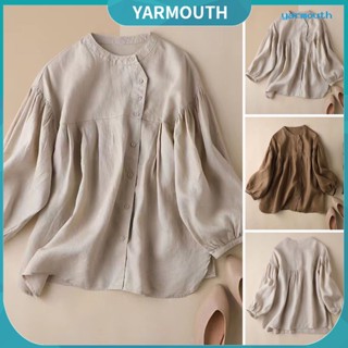 Yyr-- เสื้อเชิ้ตแขนยาว คอกลม กระดุมแถวเดียว ทรงหลวม สีพื้น สไตล์เรโทร สําหรับผู้หญิง