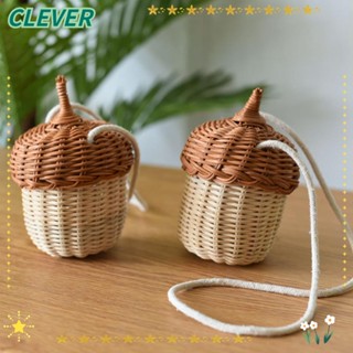 Clever Pinecone กระเป๋าถือ กระเป๋าสะพายไหล่ หวายสาน แฮนด์เมด ขนาดเล็ก สไตล์วินเทจ สําหรับตกแต่งบ้าน