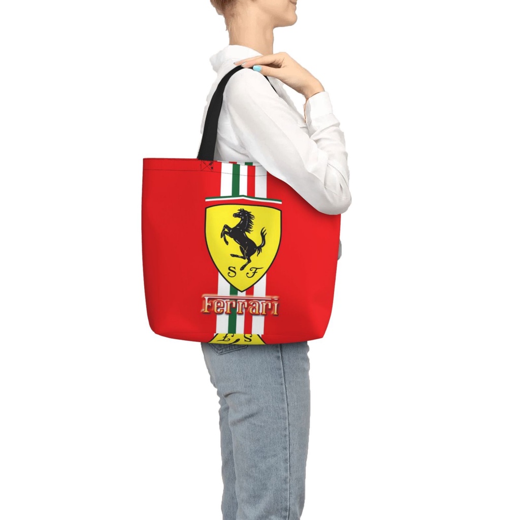 Ferrari กระเป๋าสะพายไหล่ กระเป๋าช้อปปิ้ง ผ้าแคนวาส พิมพ์ลาย มีซิป แฟชั่นสําหรับผู้หญิง
