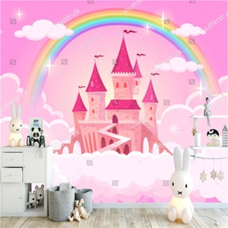 สติกเกอร์วอลเปเปอร์ ลายเมฆ ปราสาทเจ้าหญิง สีชมพู สําหรับตกแต่งผนังบ้าน ห้องเด็ก