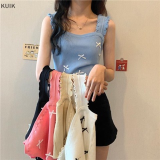 Kuik เสื้อสายเดี่ยว แขนกุด ผ้าถัก ประดับโบว์ สีพื้น เหมาะกับฤดูร้อน สําหรับผู้หญิง