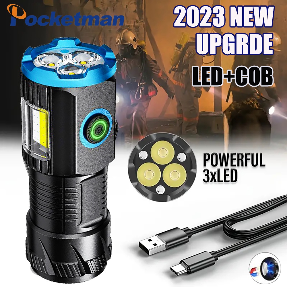 ใหม่ ไฟฉายอัพเกรด 3LED COB ไฟแฟลช ชาร์จ Usb พร้อมคลิปหนีบปากกา และแม่เหล็กติดท้ายรถ