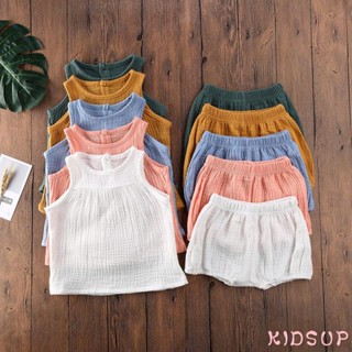 Kidsup1- ชุดเสื้อแขนกุด ผ้าฝ้าย และผ้าลินิน และกางเกงขาสั้น แฟชั่นฤดูร้อน สําหรับเด็กผู้ชาย และเด็กผู้หญิง