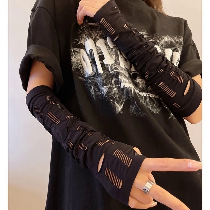 ถุงมือ ผ้าเรยอน ฉีกขาด สไตล์พังก์ โกธิค โลลิต้า ไร้นิ้วมือ สีเข้ม แฟชั่นนินจา สําหรับผู้หญิง