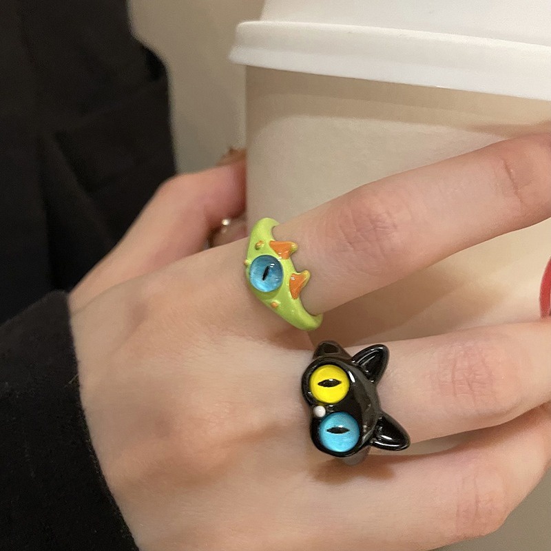 Childlike น่ารักเป็นรายบุคคลตลกแมวดําแหวนมอนสเตอร์หญิง Minority Index Finger 2YK Millennium เครื่องป