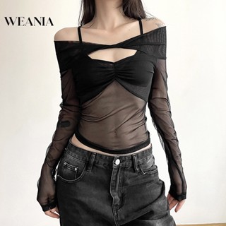 Weania เสื้อแขนยาว เปิดไหล่ เข้ารูป สีพื้น แฟชั่นสไตล์สตรีท สําหรับผู้หญิง