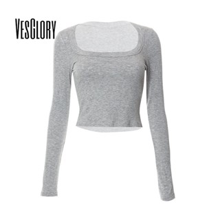 Vesglory เสื้อครอปท็อปแขนยาว คอยู เข้ารูป สีพื้น แฟชั่นสําหรับผู้หญิง 2023