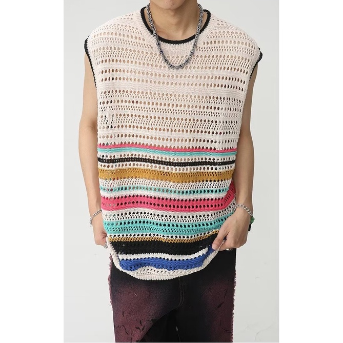 เสื้อกั๊กกันหนาว ผ้าถัก ลายทาง สีคอนทราสต์ สไตล์เรโทร สําหรับผู้ชาย