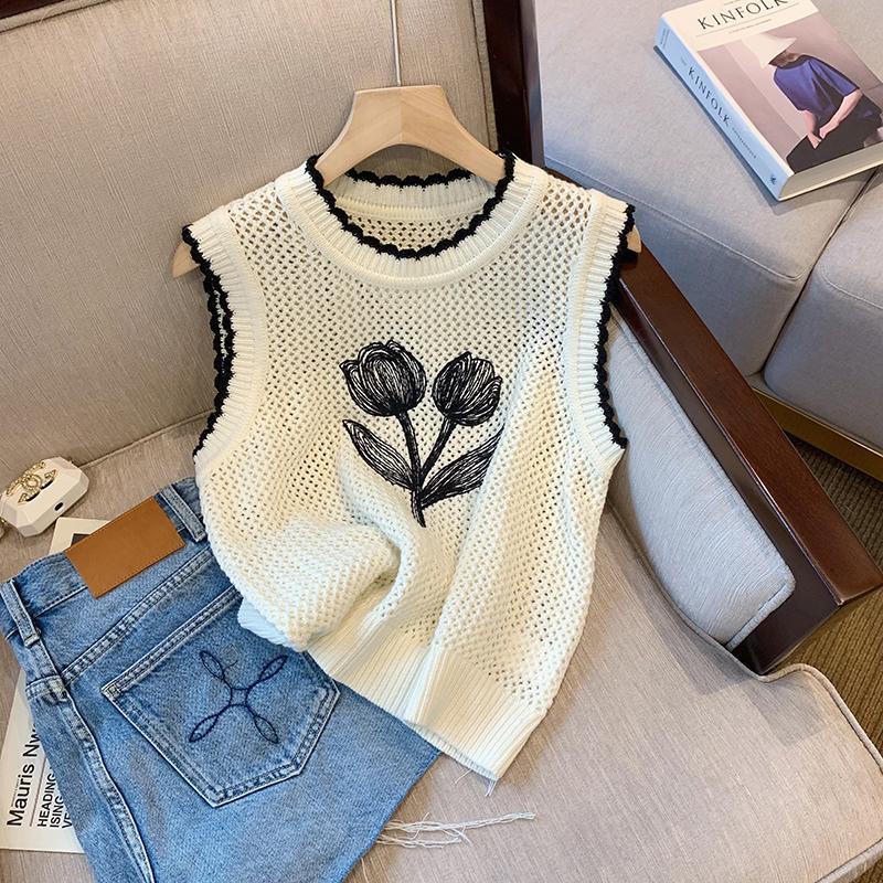 เสื้อกล้ามแขนกุด ผ้าถัก ฉลุลาย ออกแบบดี สไตล์ฝรั่งเศส เหมาะกับฤดูร้อน สําหรับผู้หญิง