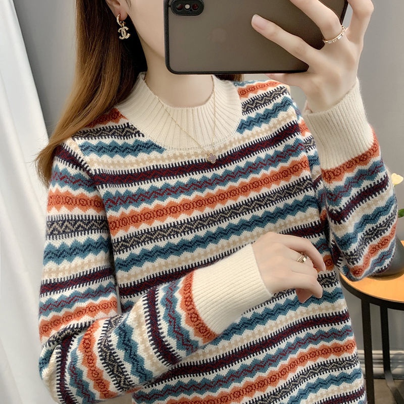 เสื้อกันหนาว คอเต่า ผ้าถัก เข้ากับทุกการแต่งกาย แฟชั่นฤดูใบไม้ร่วง สไตล์เรโทร สําหรับผู้หญิง