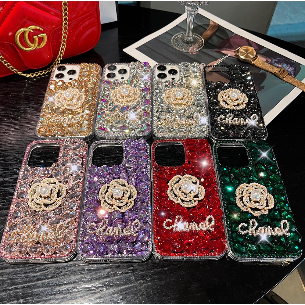 เงา Rhinestone Bling เพชรเคสโทรศัพท์สําหรับ IPhone 16 15 14 Pro Max กันกระแทกป้องกันดอกไม้เงาสําหรับ IP 12 13 Pro Max ปลอก