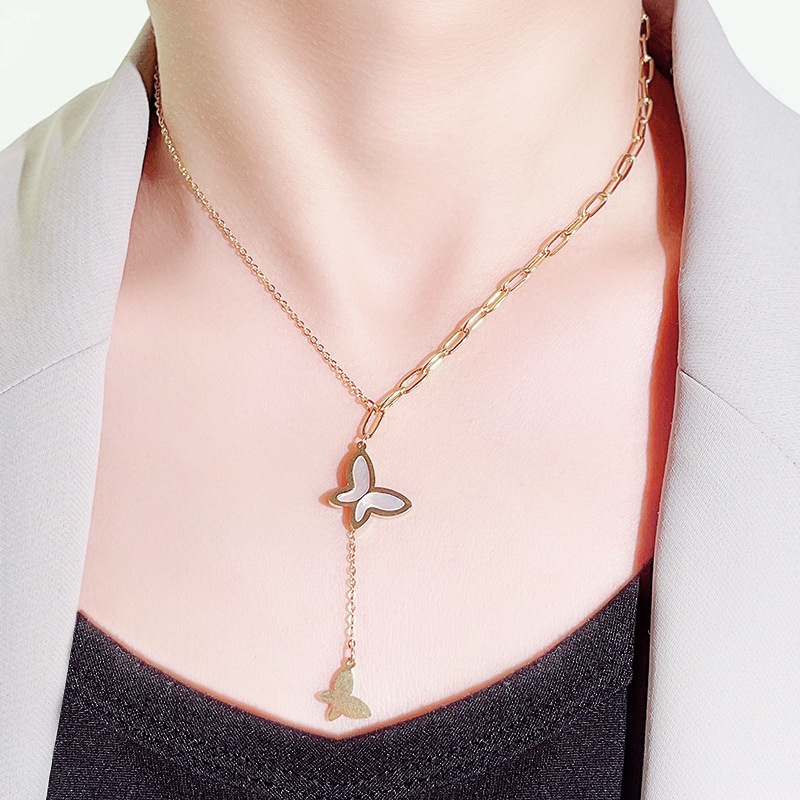 Ht สร้อยคอโซ่ เหล็กไทเทเนียม จี้รูปผีเสื้อ สีขาว สไตล์เกาหลี เครื่องประดับ สําหรับผู้หญิง
