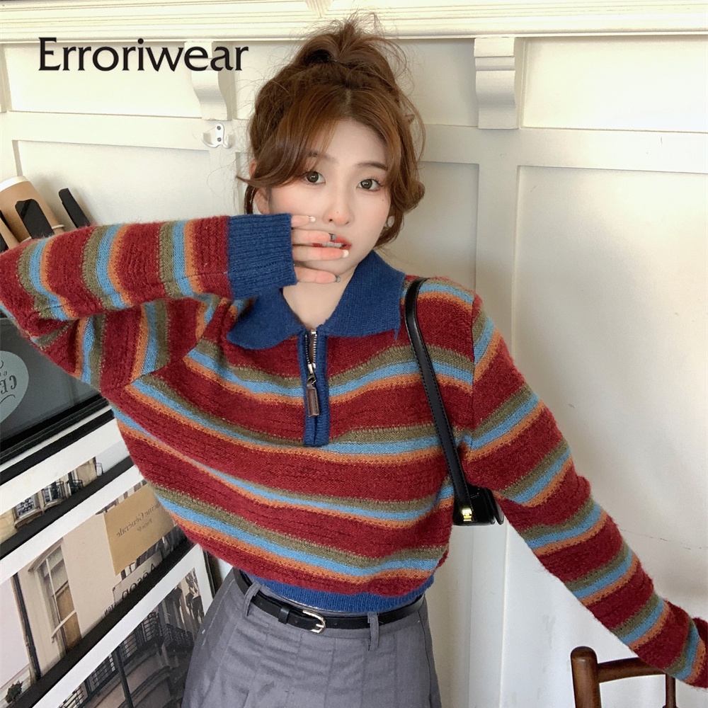 Erroriwear เสื้อโปโล ผ้าถัก ลายทาง สีตัดกัน สไตล์วินเทจ สําหรับผู้หญิง 2023