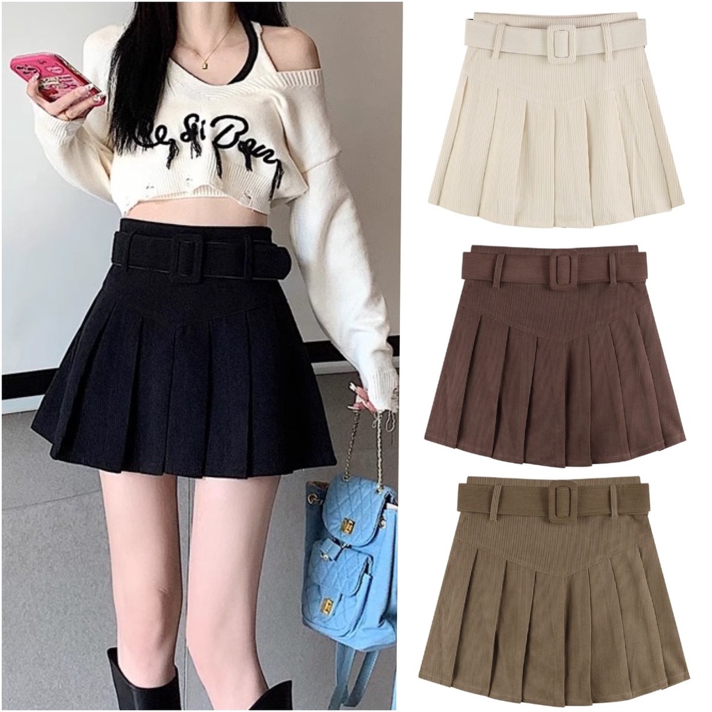 พร้อมส่ง  กระโปรงลูกฟูก  เอวสูง  มีไซส์ S-5XL ซิปข้าง เข็มขัดผ้า จับจีบรอบตัวสีคลุมโทน แฟชั่นสไตล์ Y2K
