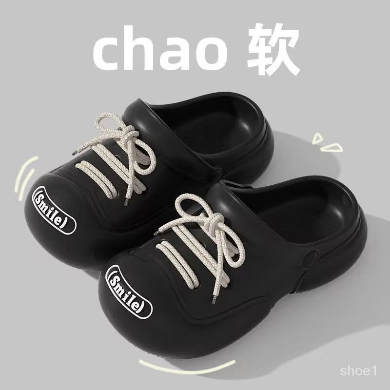 รองเท้าแตะเวอร์ชั่นเกาหลี รองเท้าแตะหัวโต แบบผูกเชือก พื้นหน ใส่สบาย มีรัดส้น