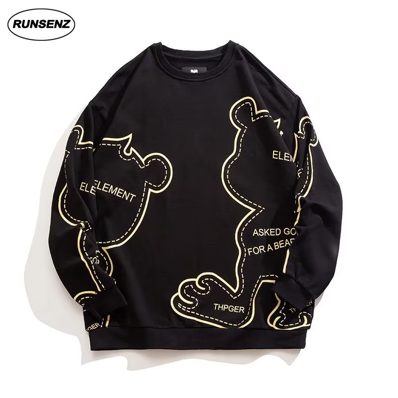 เสื้อยืดกันหนาว คอกลม แขนยาว แบบหนา ทรงหลวม ลายหมี สีดํา สไตล์เกาหลี พลัสไซซ์ XXL -8XL สําหรับผู้ชาย