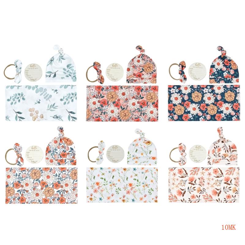 Xi 4 ชิ้น ชุดเด็กแรกเกิด ผ้าห่อตัว รับผ้าห่ม พร้อมที่คาดผม จับคู่ และหมวกบีนนี่ พิมพ์ลาย ผ้าขนหนูอาบน้ํา ที่คาดผม