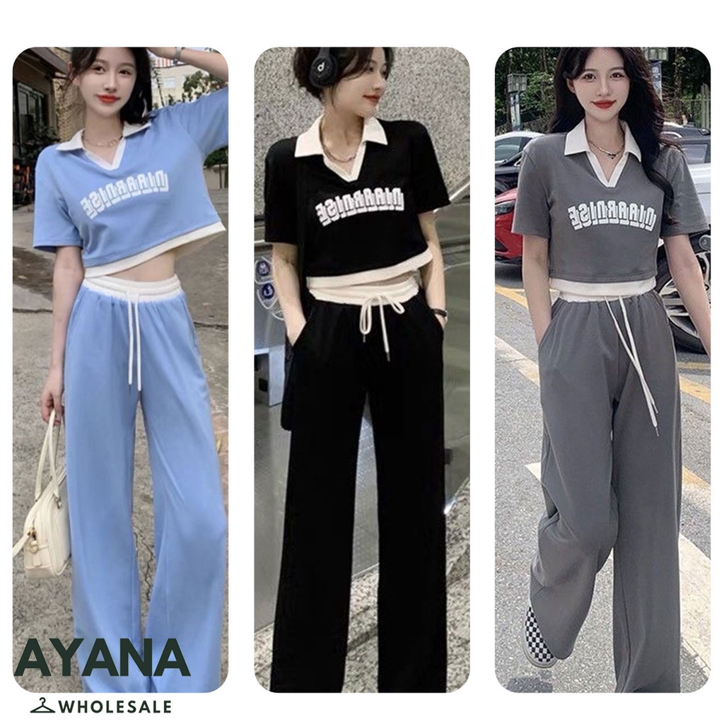 ชุดเซ็ต 2ชิ้น เสื้อคอปกเอวลอย กางเกงขายาว สีสันน่ารัก