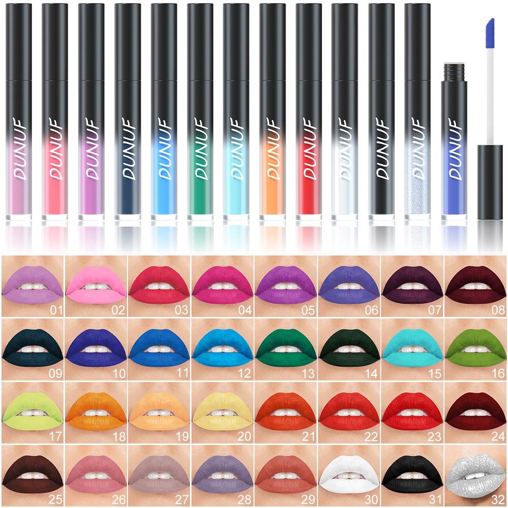 Dunuf ลิปสติก ลิปกลอส เนื้อแมตต์ 32 สี ให้ความชุ่มชื้น ติดทนนาน ไม่ติดแก้ว สีม่วง สีฟ้า สีดํา
