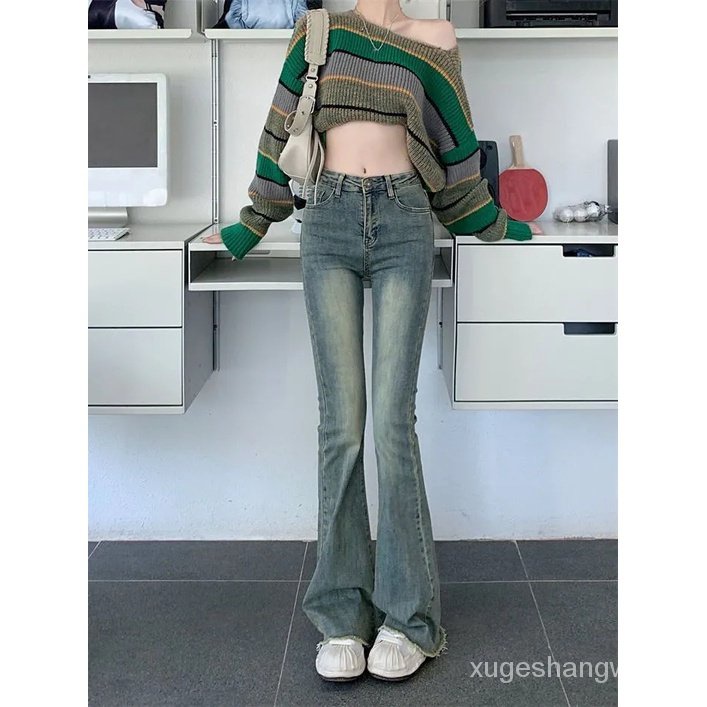 กางเกงยีนขายาว เอวสูง ผ้ายืด เข้ารูป สีฟ้า แฟชั่นฤดูใบไม้ร่วง และฤดูหนาว สําหรับสตรี 2023