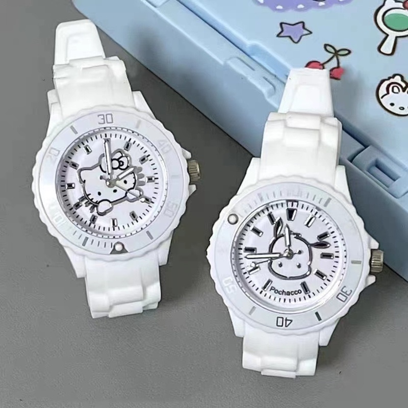 นาฬิกาข้อมือควอตซ์แฟชั่น สายซิลิโคนนิ่ม หน้าปัดกลม ลายการ์ตูน Hello Kitty Pochacco น่ารัก สําหรับเด็กผู้หญิง นักเรียน