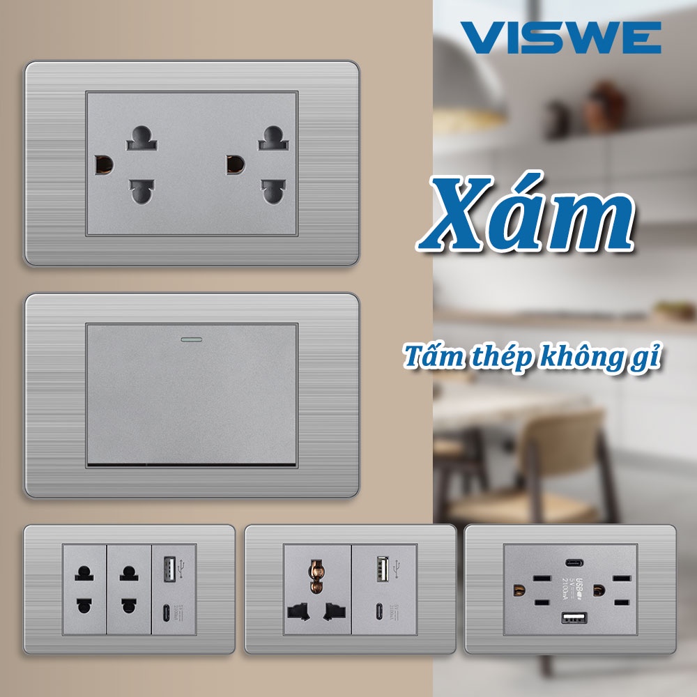 VISWE เต้าปลั๊กไฟ สวิตไฟ ปลั๊กไฟ 2 ขา เต้ารับ usb ชาร์จเร็ว ปลั๊กไฟ 3 ขา grey switch,118*72mm แผงสแตนเลส