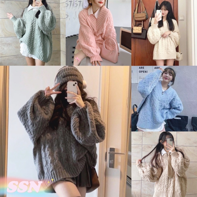 เสื้อสเวตเตอร์คอวีผู้หญิง ถักนิตติ้งหนา แขนยาว สไตล์หลวม เหมาะฤดูใบไม้ร่วง-หนาว ส่งจากประเทศไทย