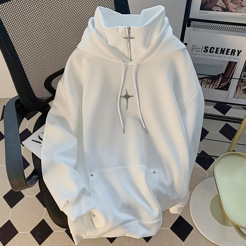 เสื้อแจ็กเก็ตมีฮู้ด แบบหนา แต่งซิปครึ่ง สไตล์อเมริกันเรโทร สําหรับผู้ชาย