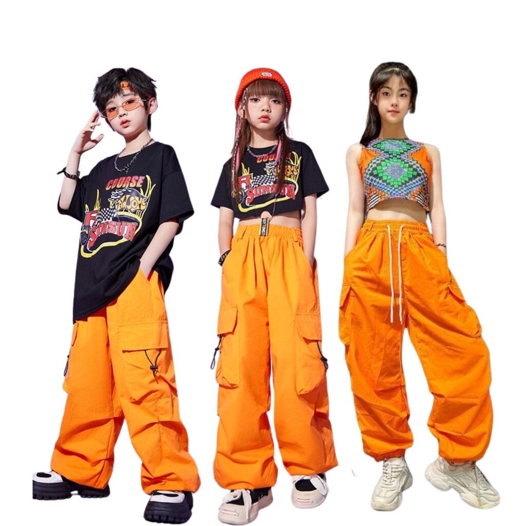 พร้อมส่ง ***ชุดเต้น แดนซ์ เสื้อเอวลอยแต่งลาย+กางเกงคาร์โก้ สีส้ม