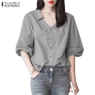 Zanzea เสื้อเชิ้ต คอวี แขนทรงโคมไฟ สีพื้น สไตล์เกาหลี สําหรั…