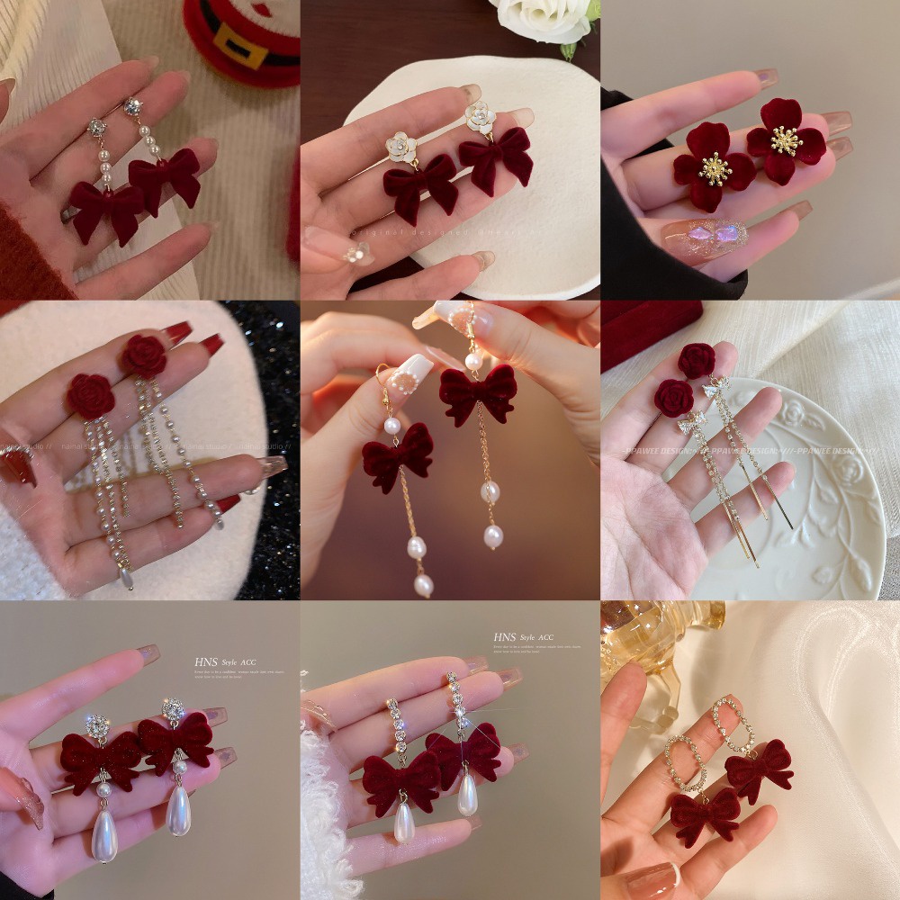 ต่างหูโบว์กํามะหยี่ สีแดง ประดับมุก ดอกไม้ ปีใหม่
