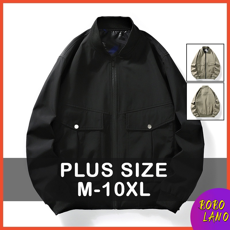 [M-10XL] เสื้อแจ็กเก็ตบอมเบอร์ แขนยาว มีซิป ขนาดใหญ่ โอเวอร์ไซซ์ สีดํา สไตล์เกาหลี สตรีท สําหรับผู้ชาย