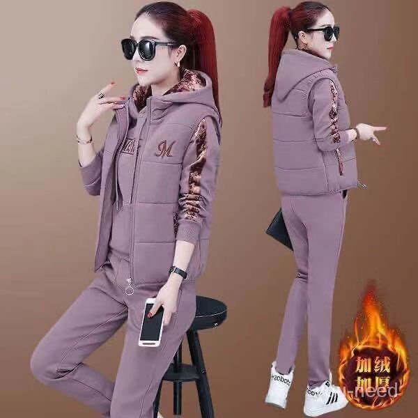 พร้อมส่ง ส่งฟรี ชุดเสื้อกีฬาลําลอง ผ้าฟลีซ แบบหนา สามชิ้น มีฮู้ด ให้ความอบอุ่น แฟชั่นฤดูหนาว สําหรับผู้หญิง