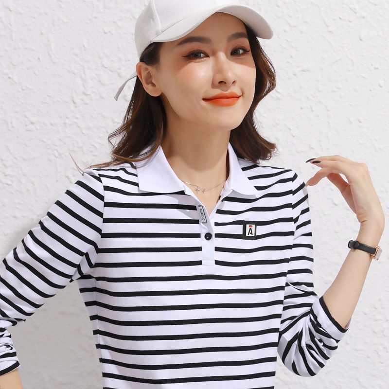 เสื้อยืดโปโล แขนยาว คอปก ทรงหลวม ลายทาง แฟชั่นฤดูใบไม้ผลิ และฤดูใบไม้ร่วง สําหรับผู้หญิง