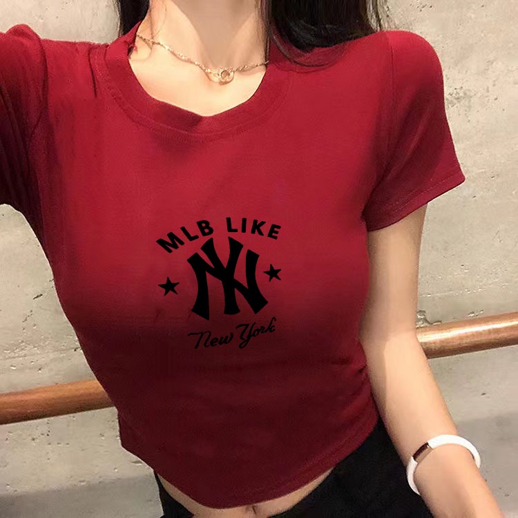 เสื้อยืด เสื้อครอปท็อป แขนสั้น สีแดง สไตล์เกาหลี แฟชั่นฤดูร้อน สําหรับผู้หญิง