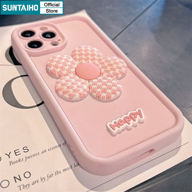 Suntaiho Simple สีชมพู Matte Frosted กันชน 3D รูปแบบดอกไม้สําหรับ Iphone 16 15 14 12 13 11 Pro Max IP 7 8 Plus Iphon X Xs XR Xs Max TPU กันกระแทกปกหลัง