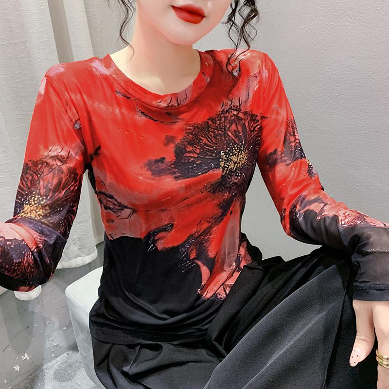 Miou 2023 ใหม่ เสื้อยืดลําลอง แขนยาว คอกลม ผ้าตาข่าย พิมพ์ลาย เข้ารูป แฟชั่นฤดูใบไม้ร่วง สําหรับสตรี