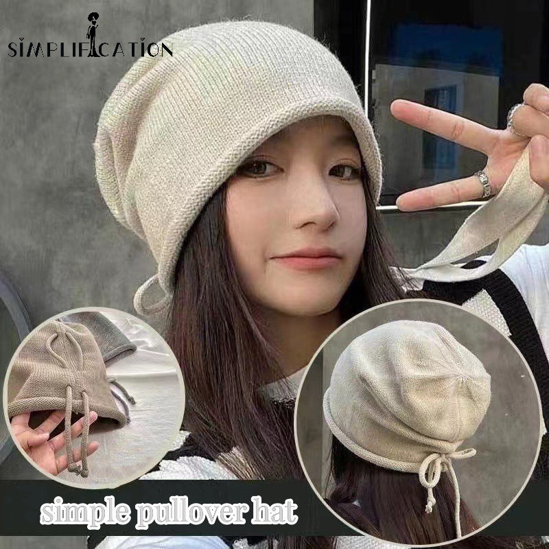 หมวกบีนนี่ ผ้าวูลถัก แบบสวมหัว ให้ความอบอุ่น สีพื้น แบบเรียบง่าย เหมาะกับฤดูใบไม้ร่วง และฤดูหนาว สําหรับผู้หญิง และผู้ชาย 1 ชิ้น